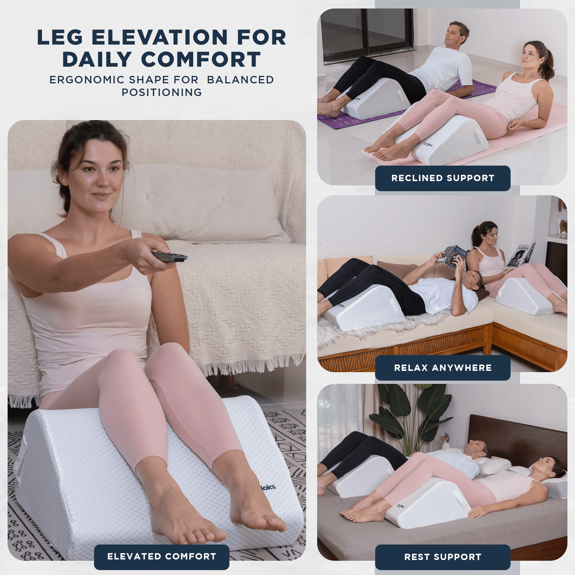 Woman using a leg elevation pillow in various settings with text highlighting its benefits.