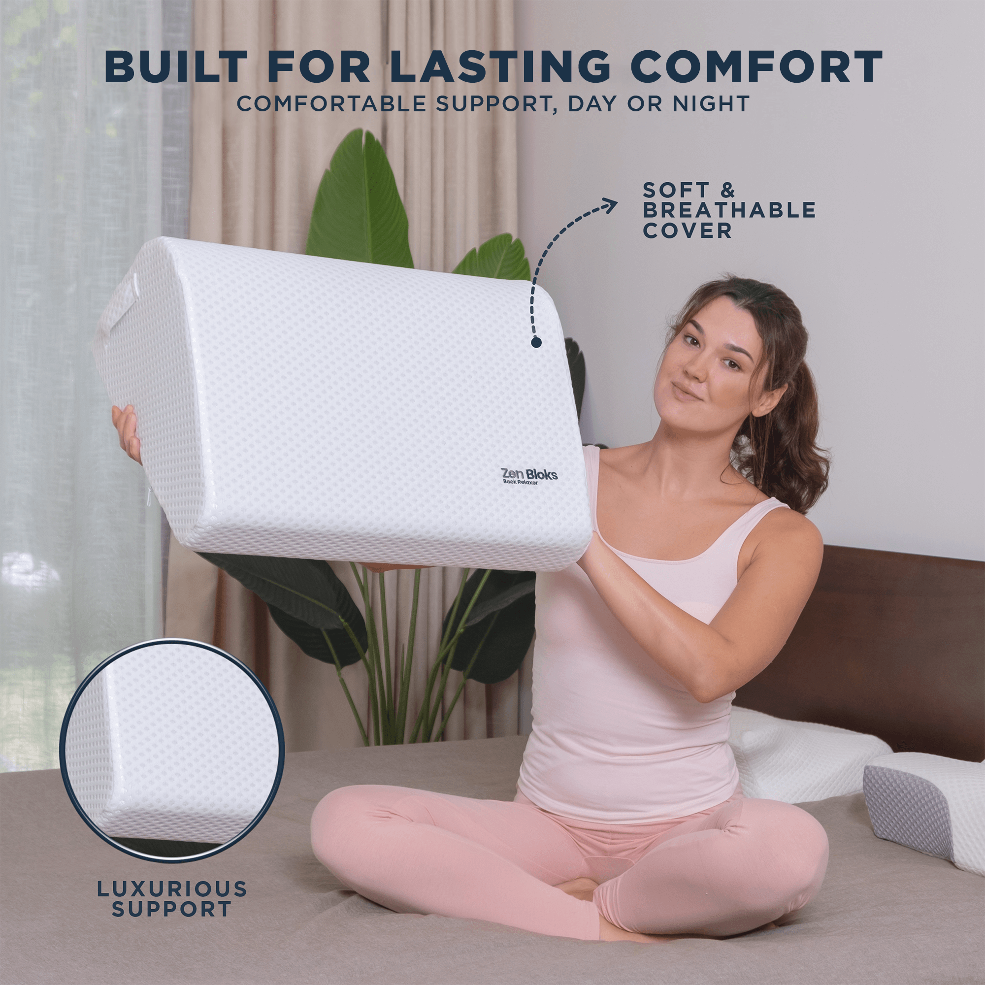 Woman holding a white pillow with text about comfort and support