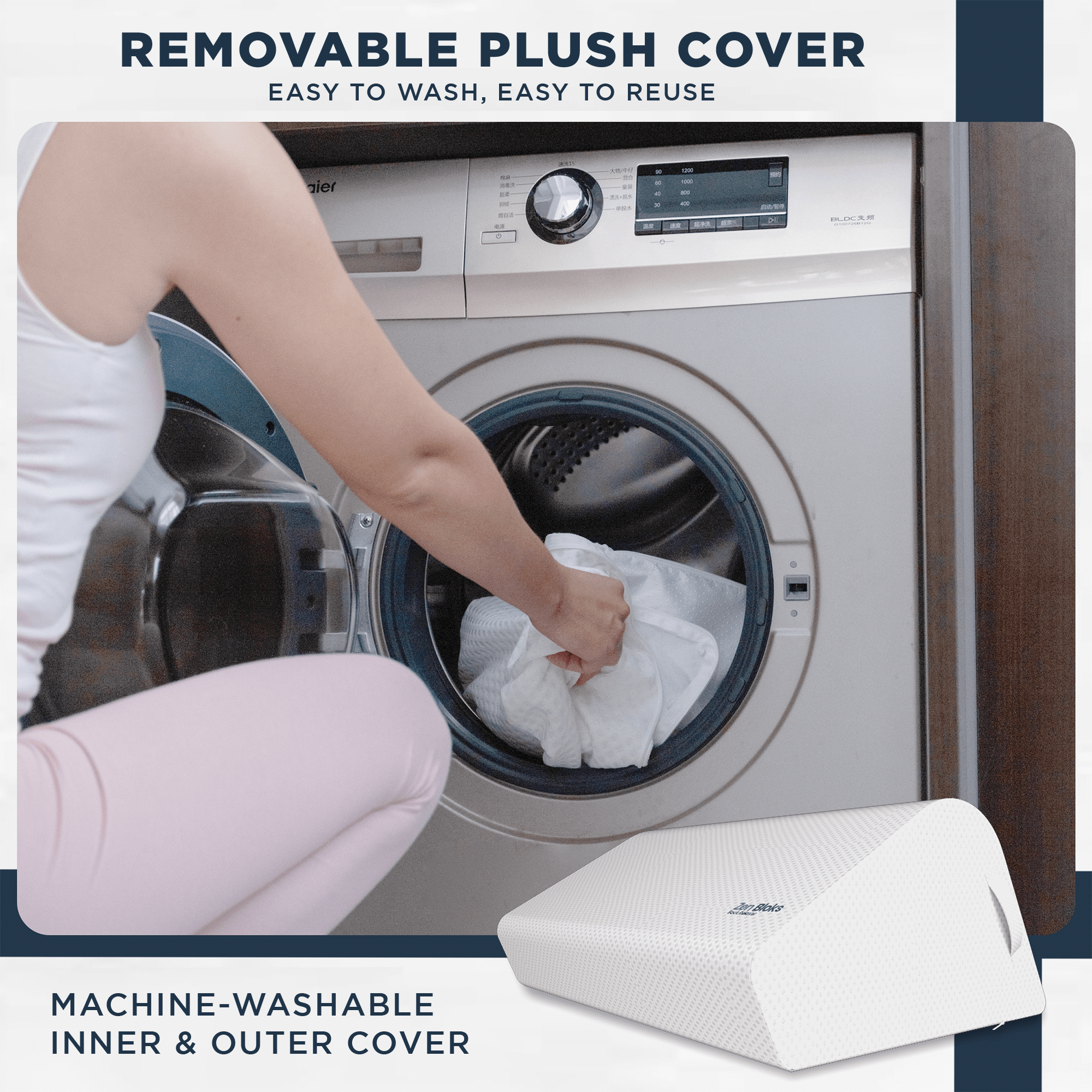 Woman washing removable ZenBloks plush pillow cover in a washing machine, demonstrating easy-care design and ergonomic comfort.