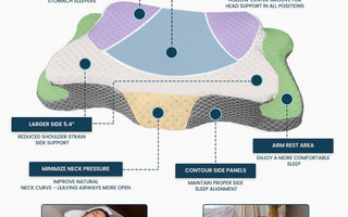infographic showing structure and benefits of ergonomic memory foam pillow for daily comfort