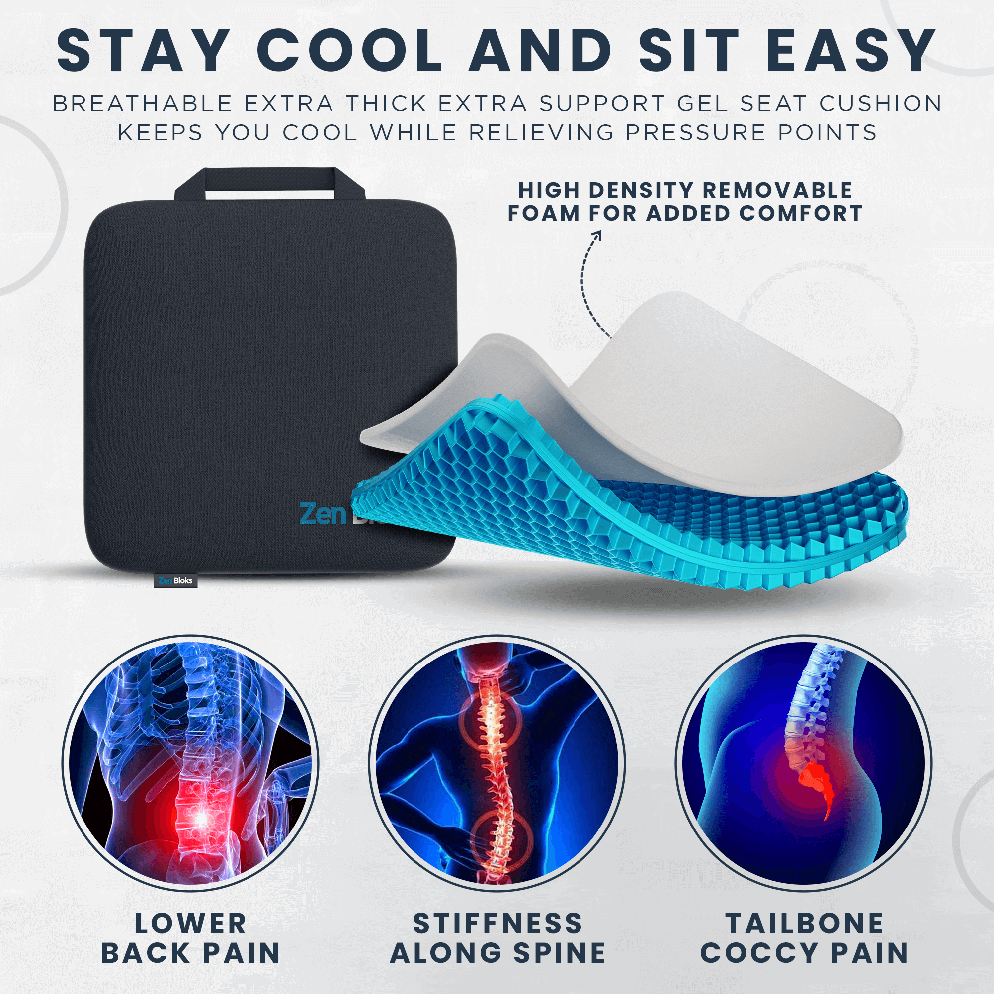 ZenBloks XL Gel Seat Cushion – Pressure Relief for Office, Car, Truck or Wheelchair, long sitting, desk, office, gaming chair