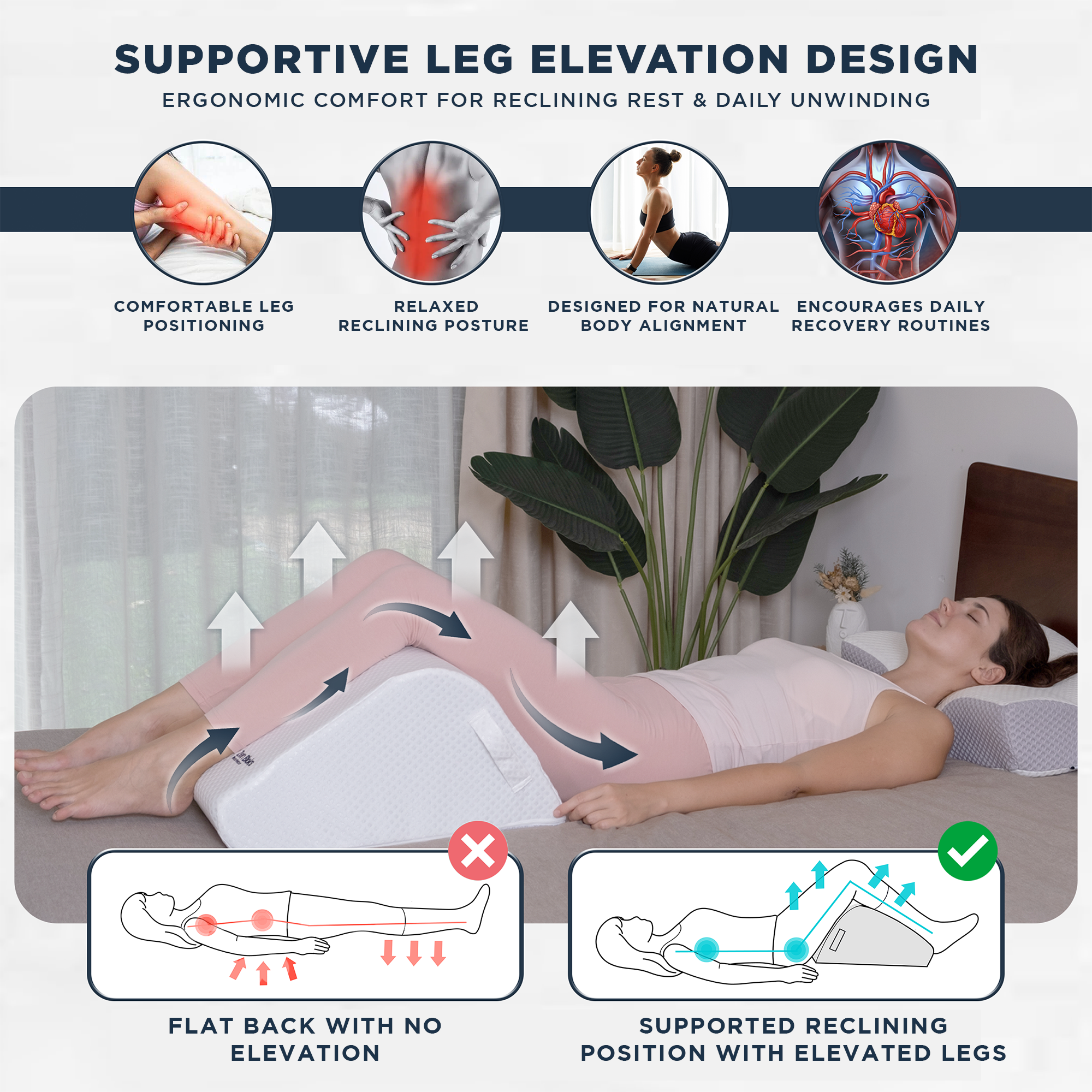 Product advertisement for a supportive leg elevation design with ergonomic benefits.