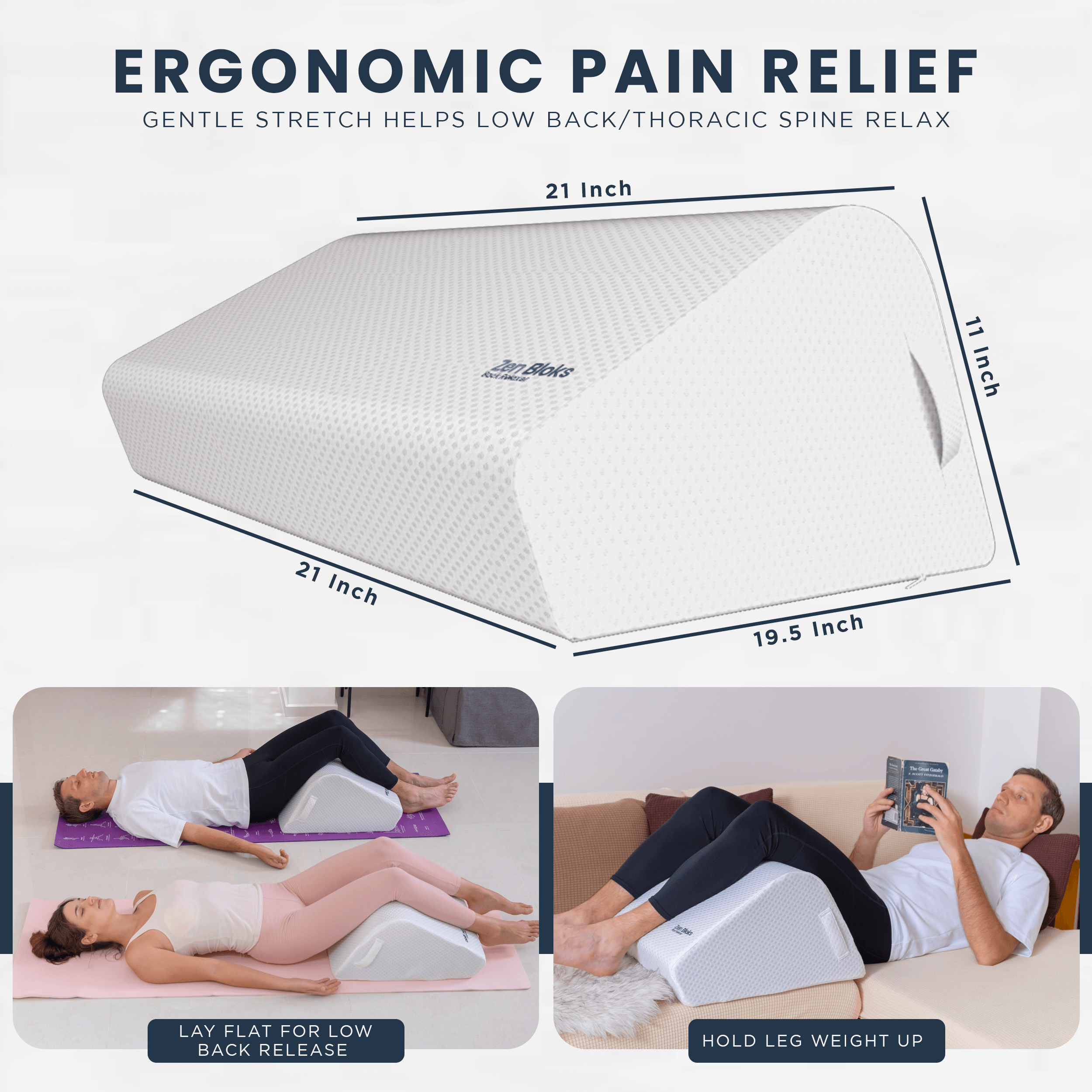 Zen Bloks Lightweight Leg Elevation Wedge -Lower Back Pain Relief Wedge Knee Pillow for Back Relaxation Large 11" White - Person Height Range 5'8"-6'4"