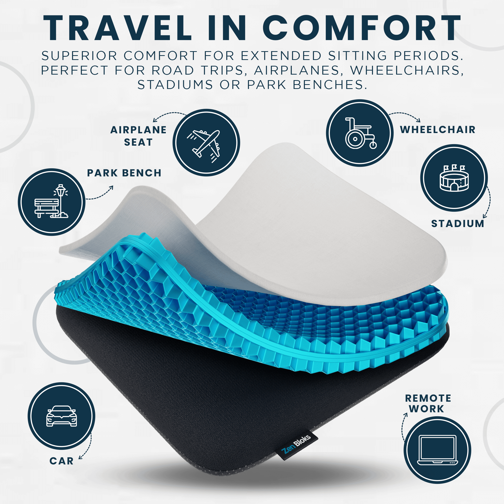 Zen Bloks XL Extra Thick Gel Seat Cushion for Extended Sitting, Office, Back, Tailbone, Sciatica, Coccyx, and Hip Pain Relief - Non-Slip for Wheelchairs, Car Seat for Driving (20"x20"x2")