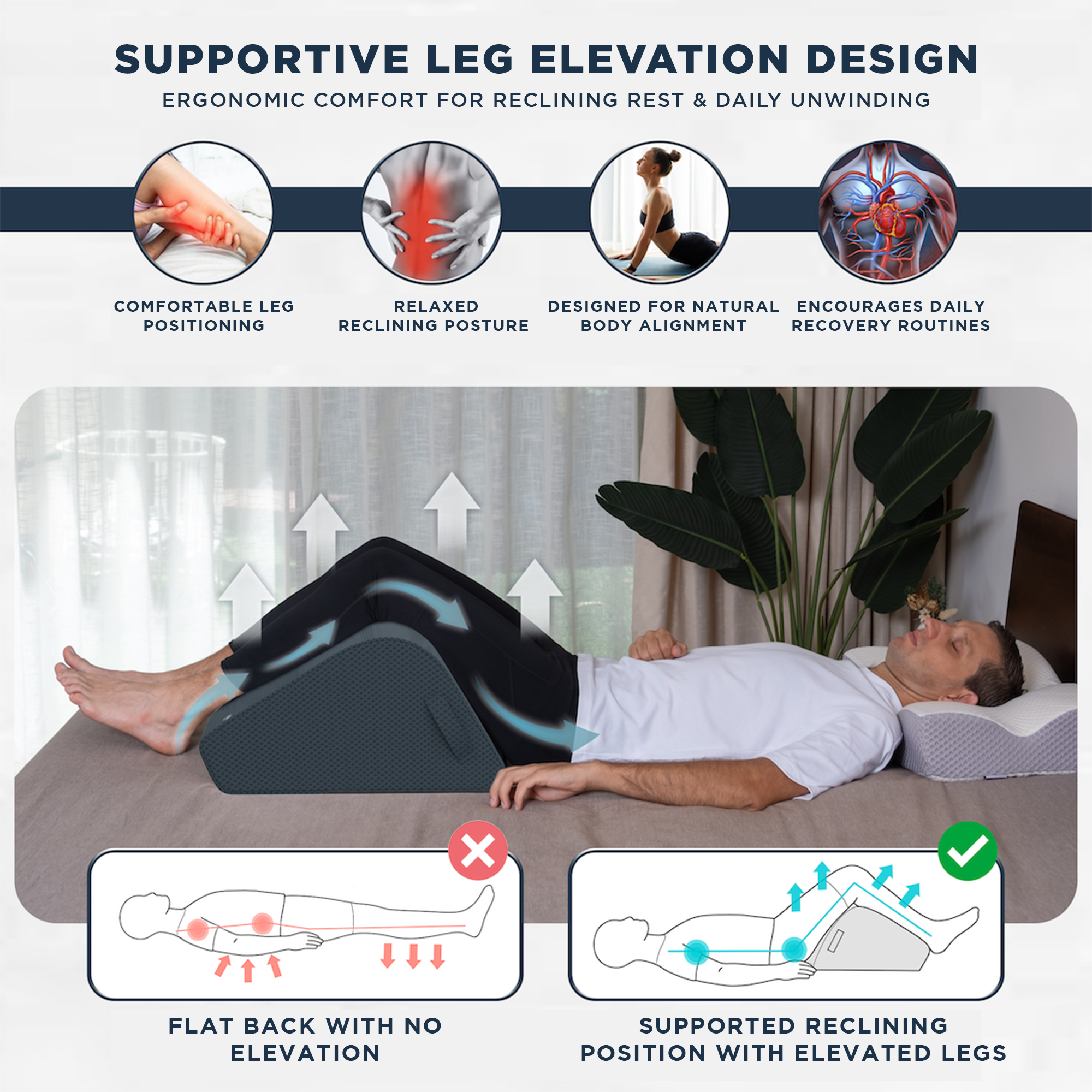 Person lying on a couch with supportive leg elevation design highlighted, showing ergonomic comfort benefits.
