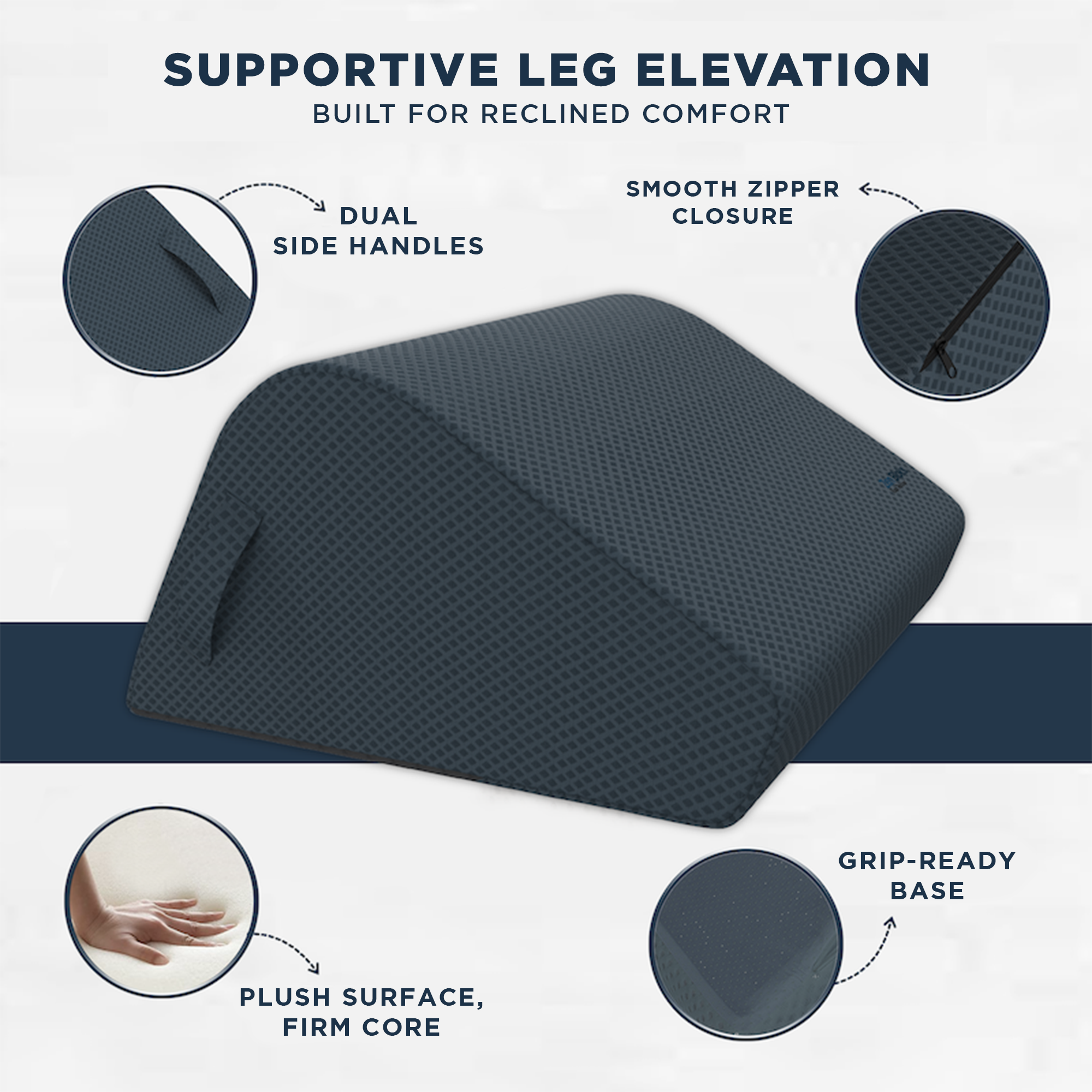 Gray leg elevation pillow with features highlighted on a white background