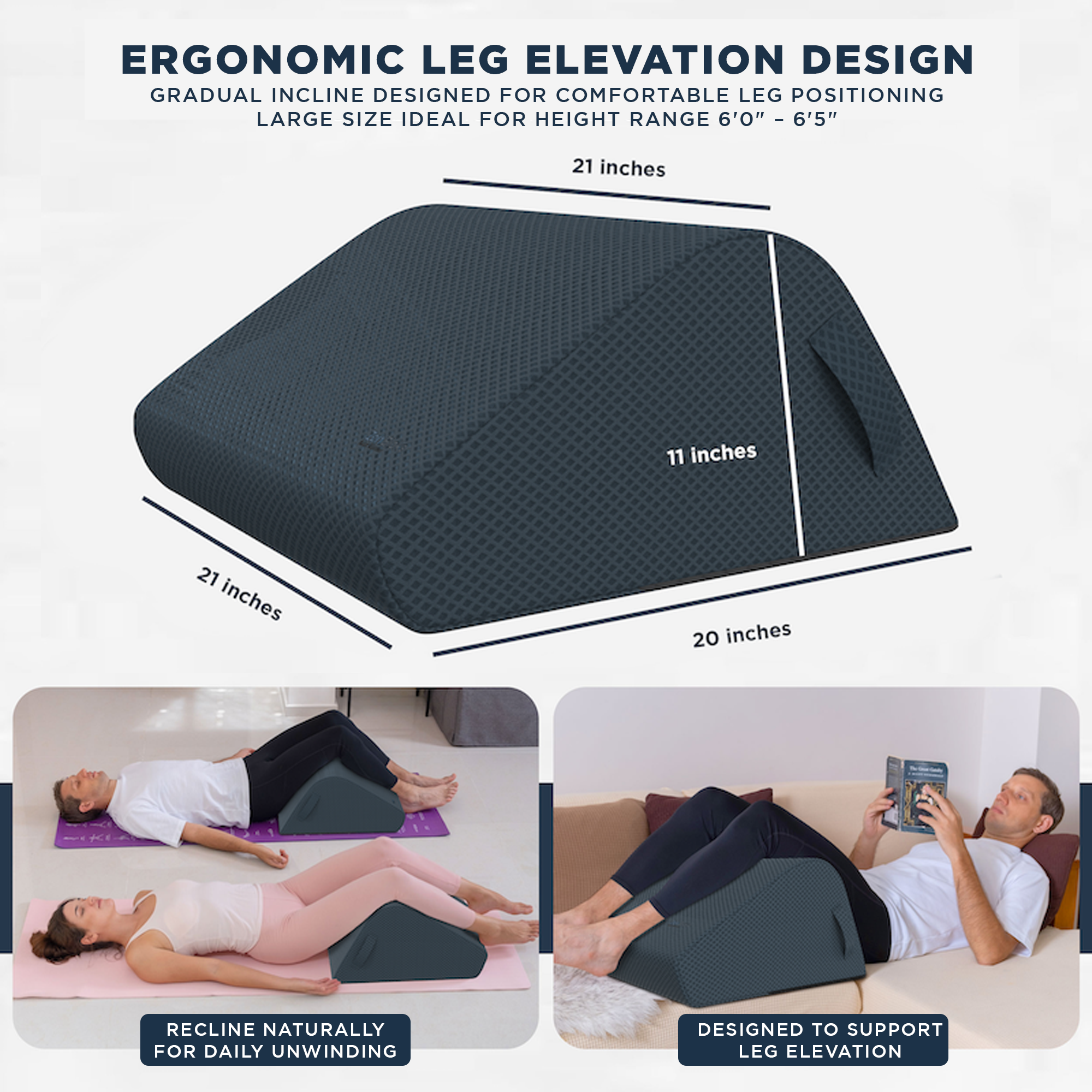 Ergonomic leg elevation design with measurements and usage scenarios on a white background