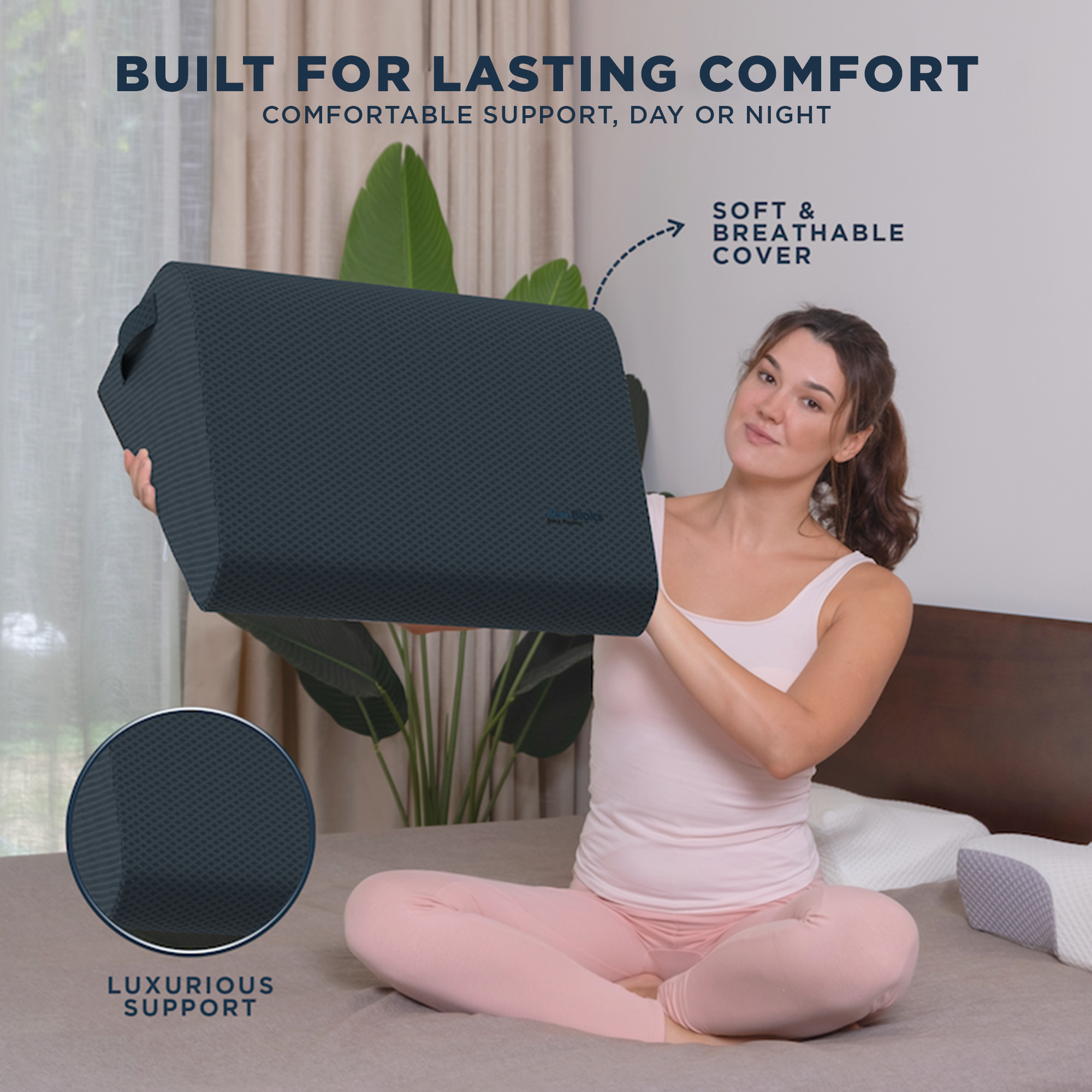 Woman holding a dark blue pillow with text about comfort and support.