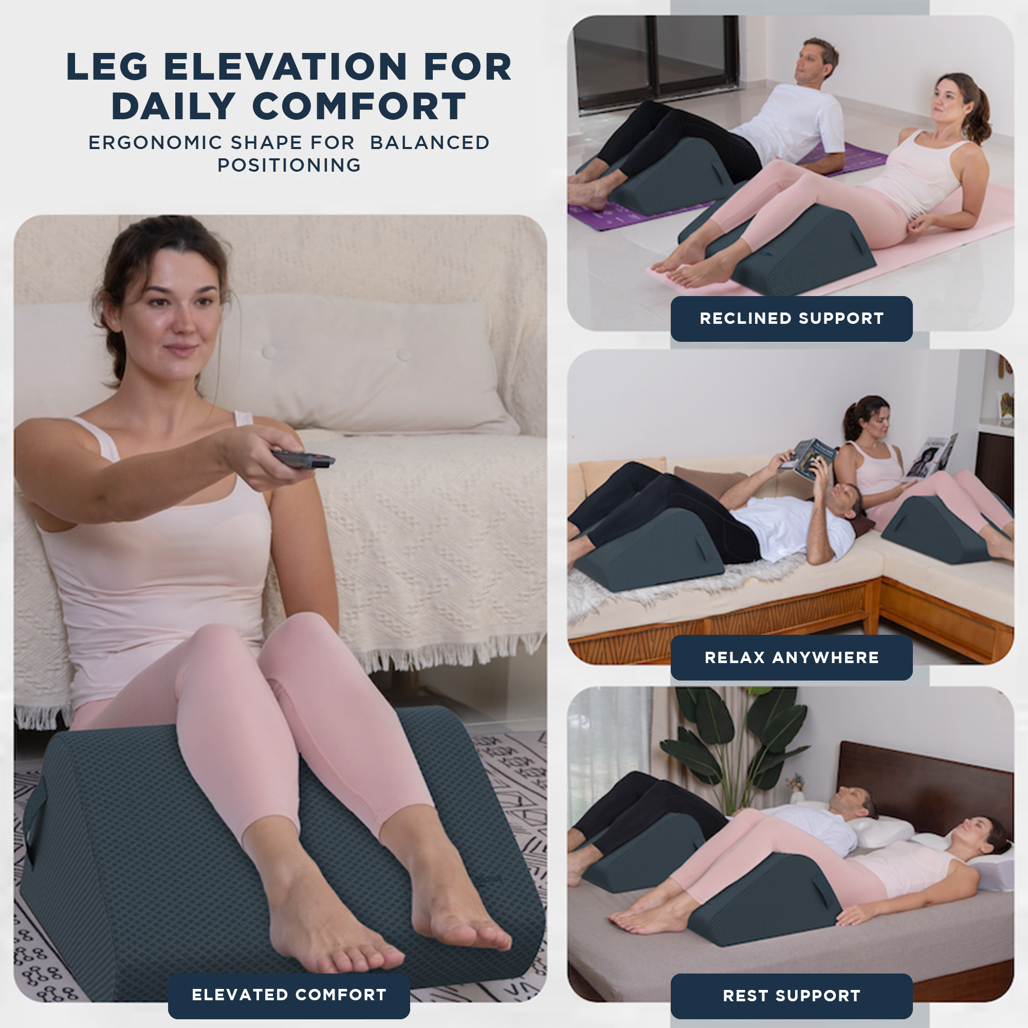 Woman using a leg elevation pillow in various settings with text highlighting its benefits.