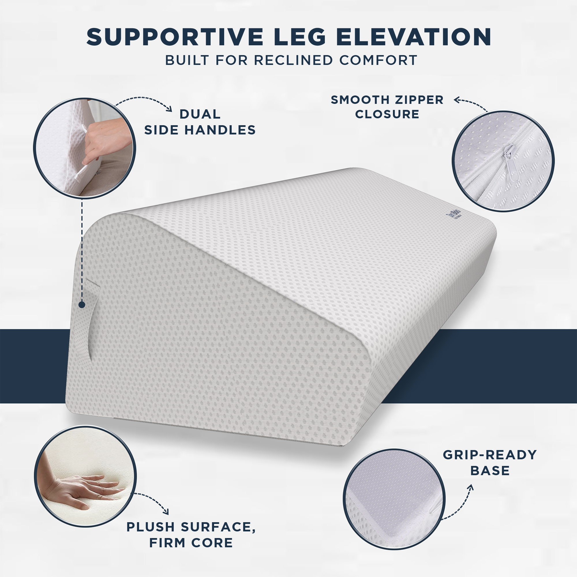 Supportive leg elevation pillow with features highlighted on a white background