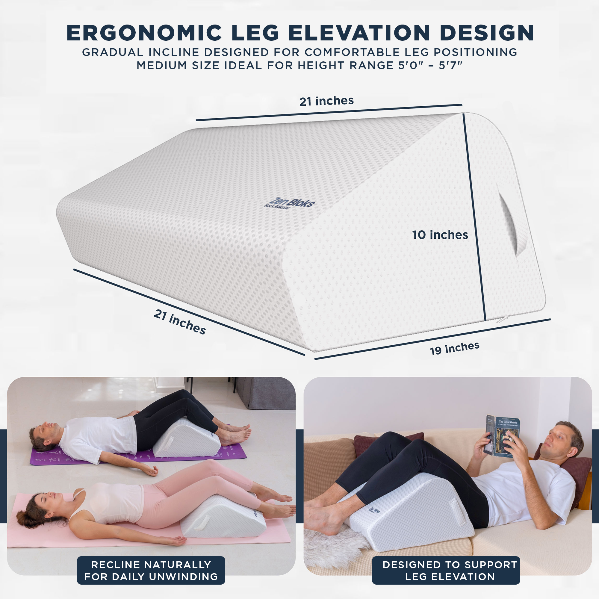 Ergonomic leg elevation pillow with measurements and usage scenarios on a white background