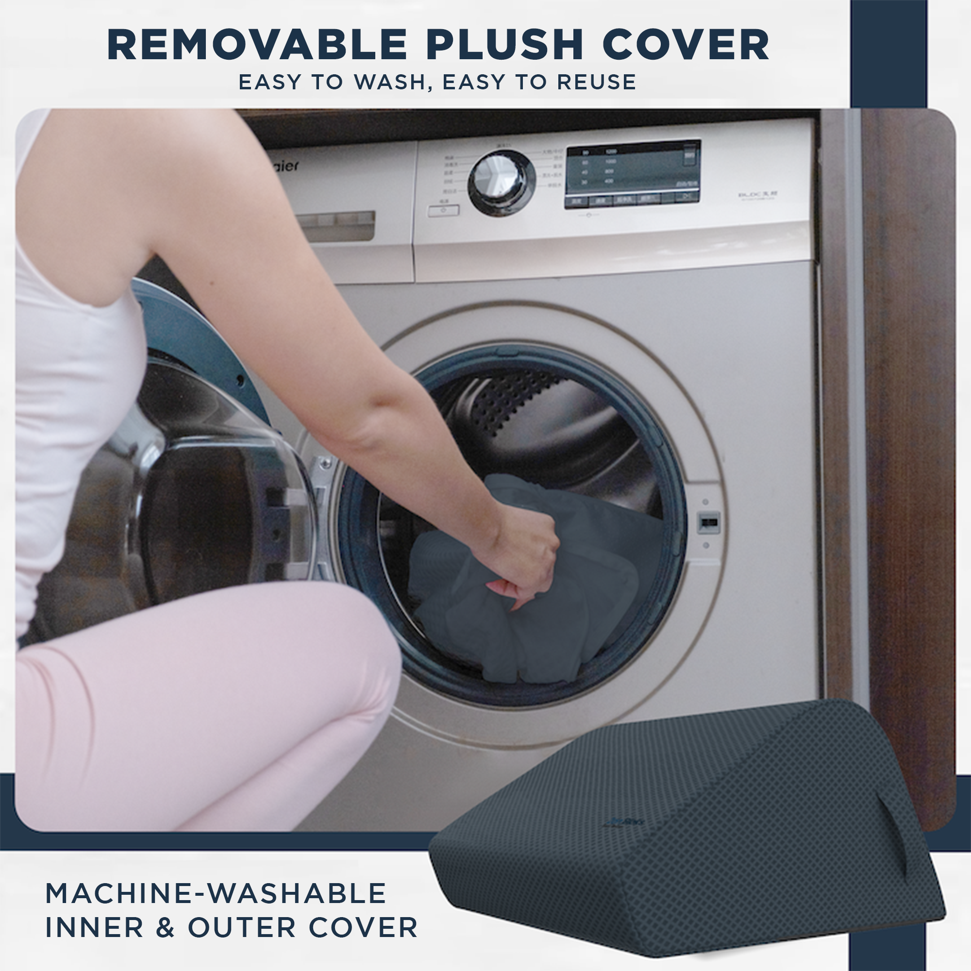 Person using a washing machine with a removable plush cover displayed in front.