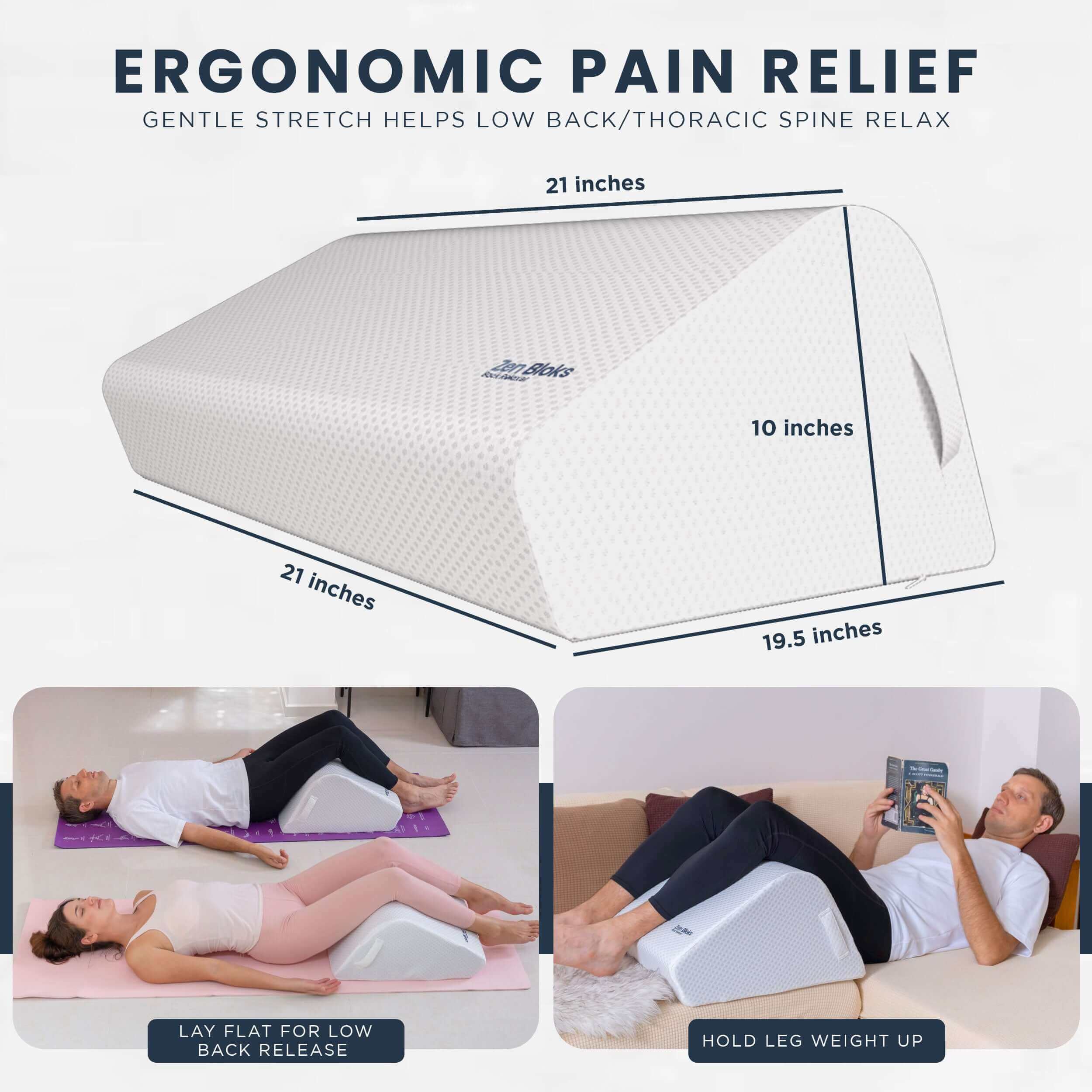 ZenBloks® Patented Leg Pillow Elevation Wedge | Knee Pillow – For Back Pain Relief Relaxation | 10” Medium (White) | Ideal for Heights 5'0"-5'7"