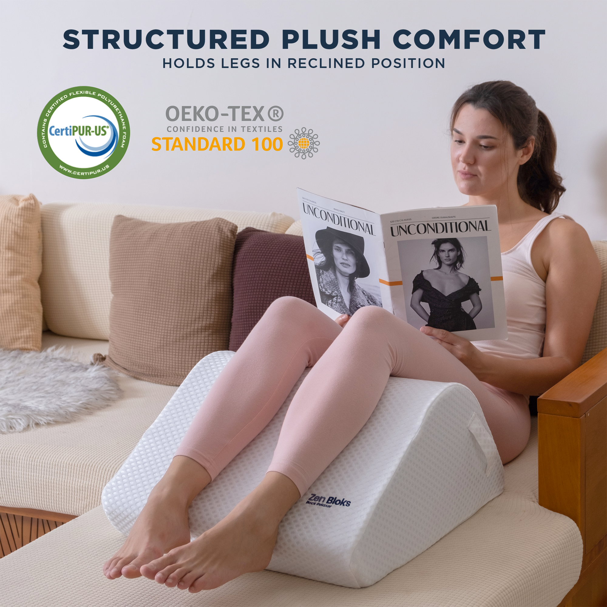 Woman sitting on a cushion with 'Structured Plush Comfort' text and CertiPUR-US and OEKO-TEX logos.