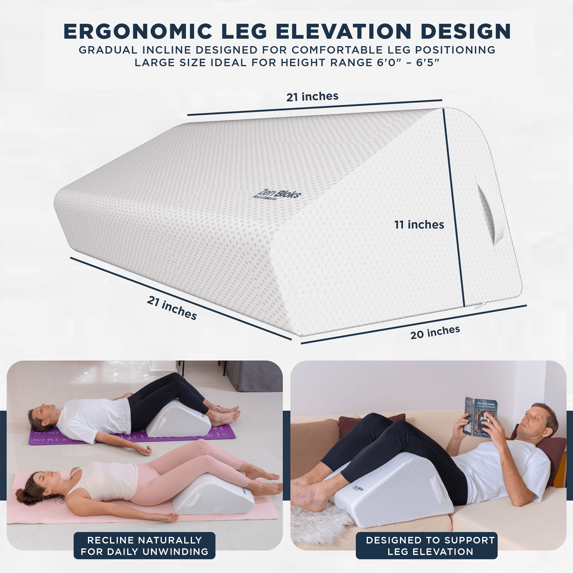 ZenBloks ergonomic leg elevation pillow wedge with illustrated measurements and design angles for balanced support.