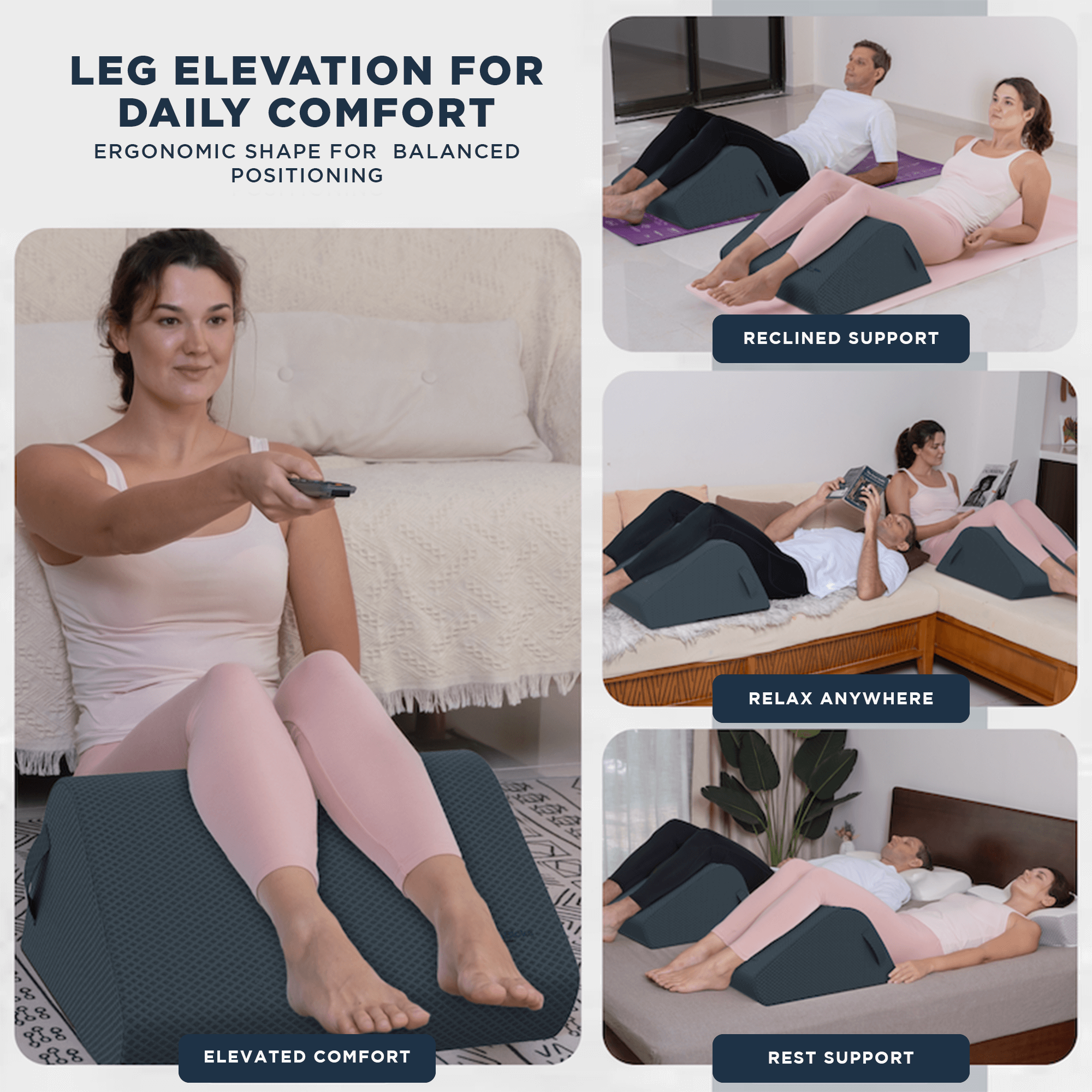 Woman using ZenBloks Leg Elevation Pillow in multiple settings, demonstrating ergonomic design and everyday relaxation benefits.