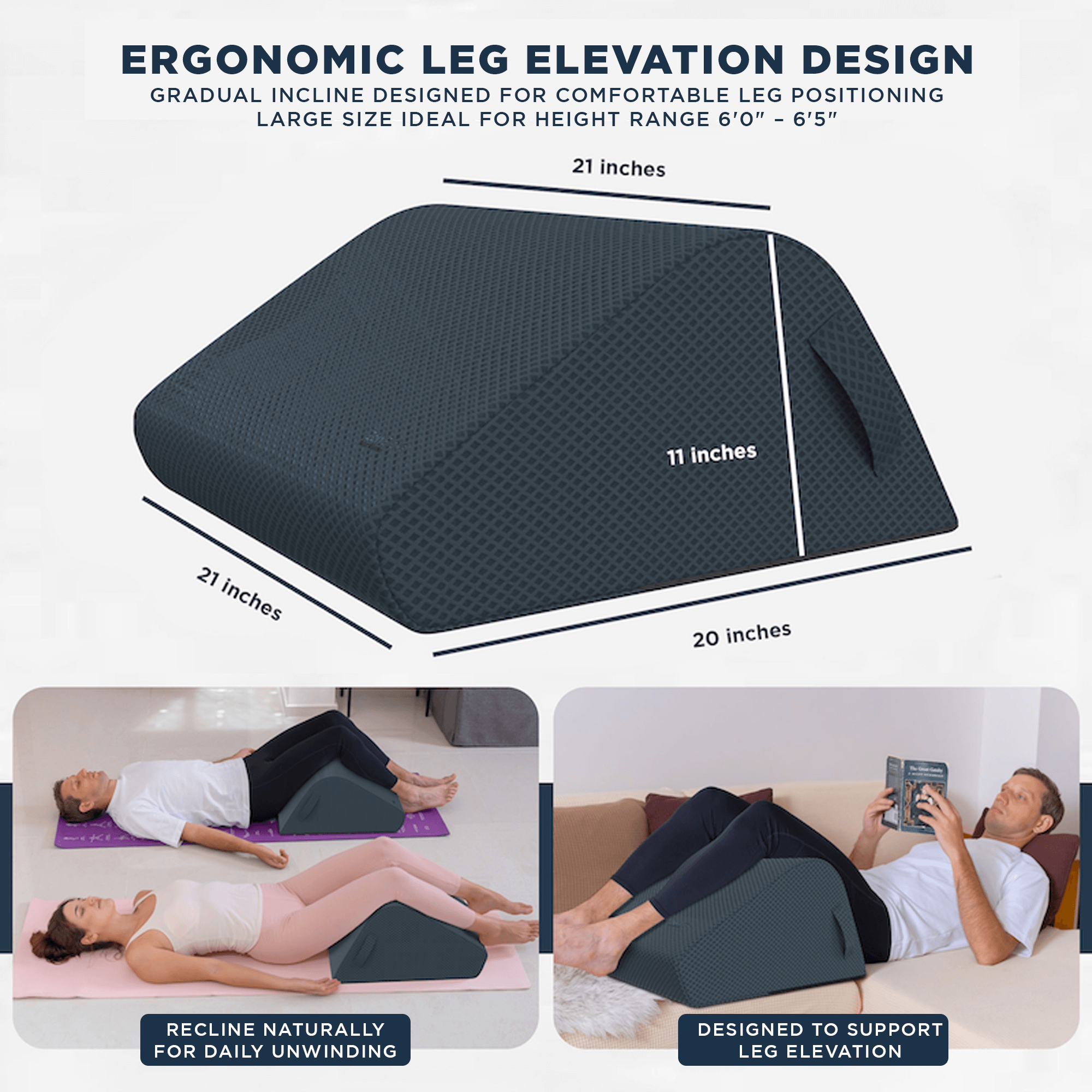 ZenBloks Leg Elevation Wedge featuring ergonomic angles, measurements, and practical setup examples on a white background.