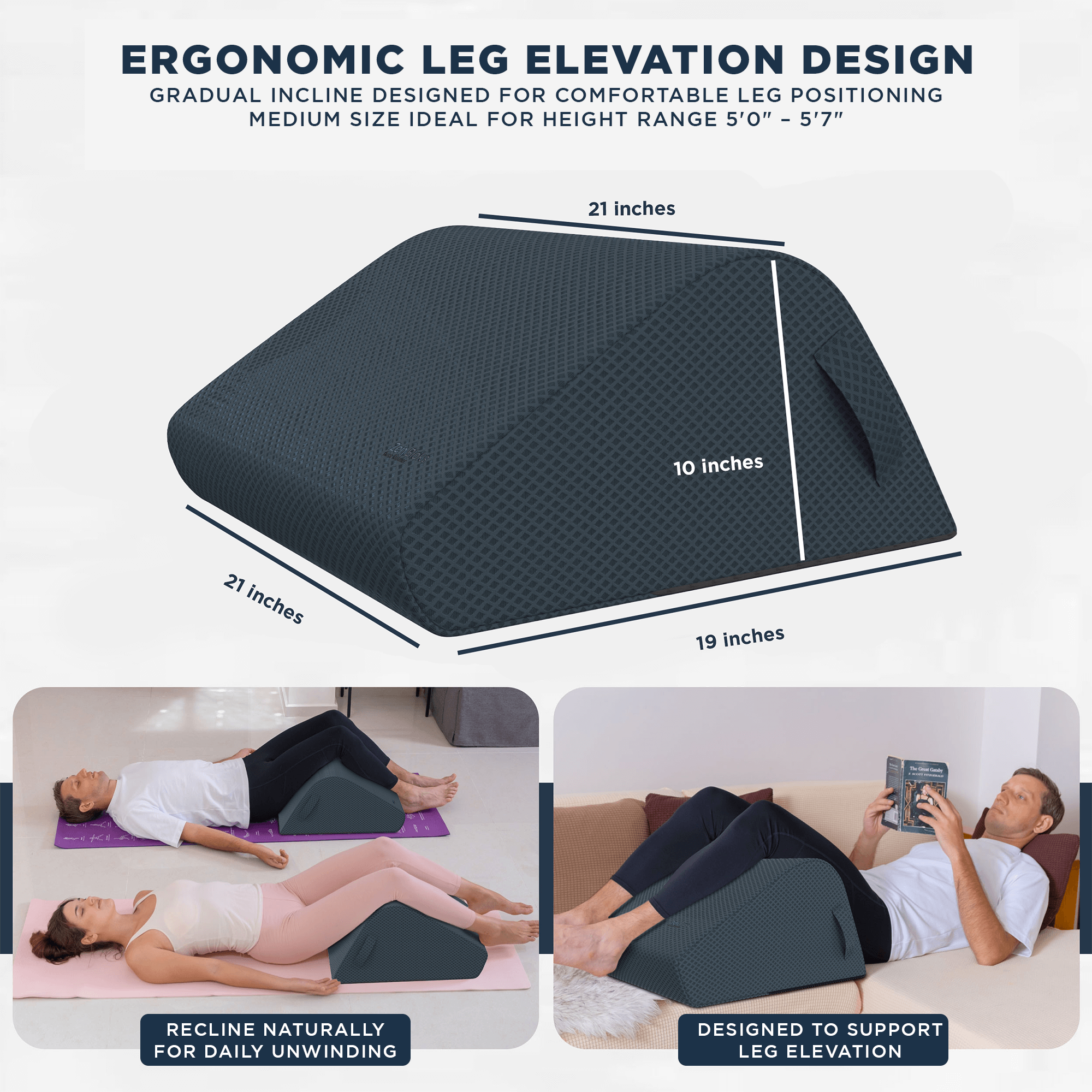 ZenBloks 10-inch gray leg elevation wedge displayed with ergonomic measurements and setup guide for relaxation and balance.