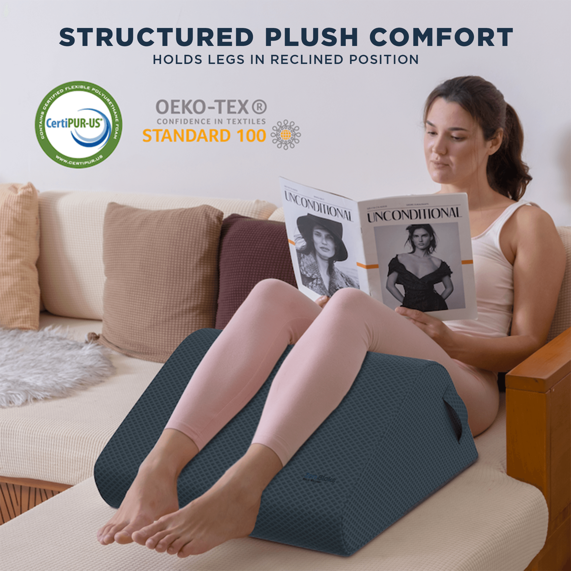 Woman using ZenBloks Leg Elevation Pillow with “Structured Plush Comfort” text and certification logos for quality foam materials.